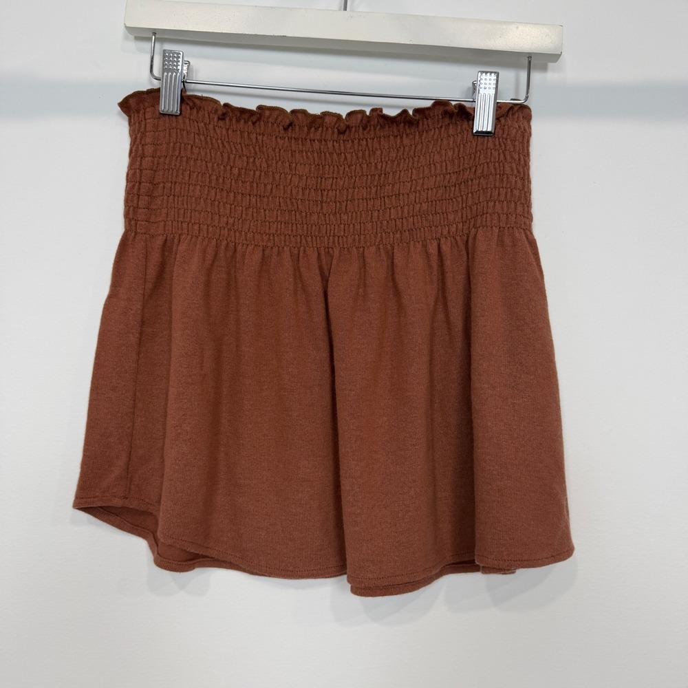 Anthropologie Stark X Smocked Mini Skirt Rust Terracotta XS Smocking Ruffle Trim